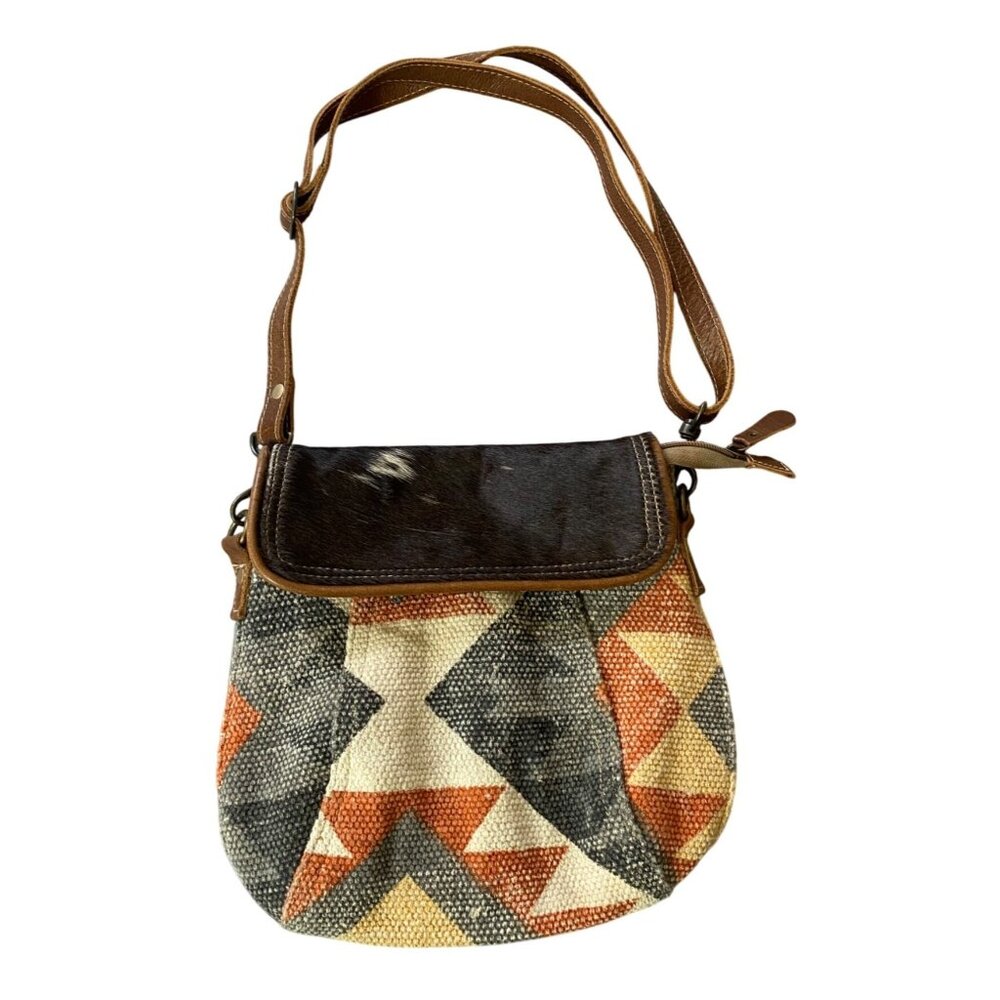 Myra Purse Crossbody Bag Cowhide Flap Boho Geometric Canvas Design